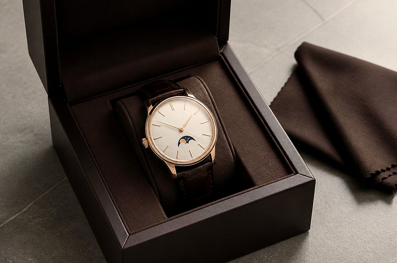 Mechanische Uhr in Roségold-Optik in einer geöffneten dunklen Präsentationsbox mit Poliertuch