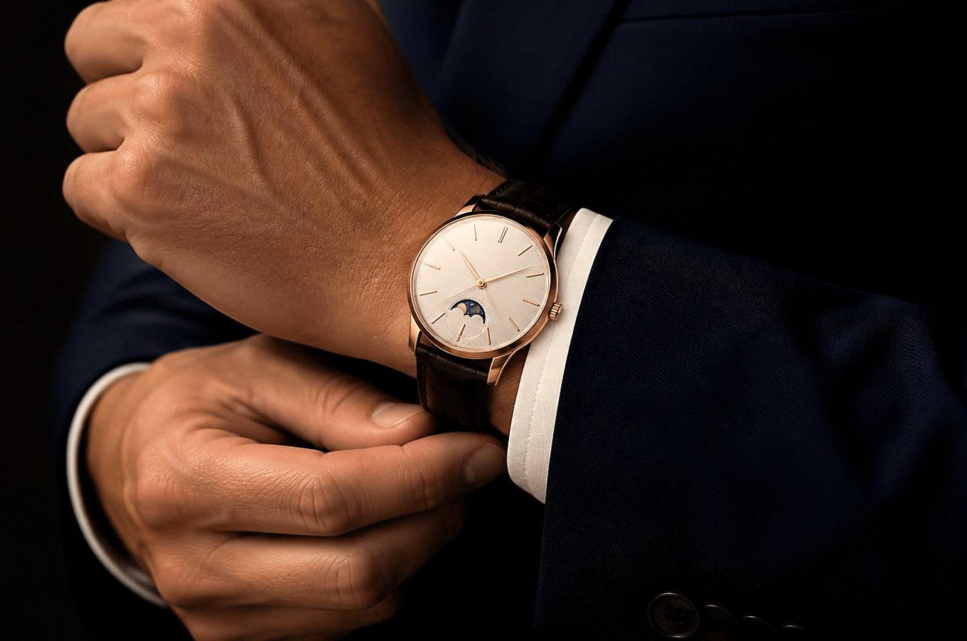 Mechanische Uhr in Roségold-Optik am Handgelenk unter der Manschette eines dunkelblauen Anzugs
